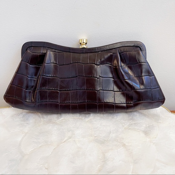 Brown Genuine Leather Croc Emboss Design Hand Held Clutch Chic Classic - Picture 2 of 15